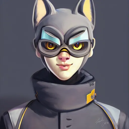 Prompt: Portrait painting of an anthropomorphic gray cat wearing a jacket, as an Overwatch character, medium shot, asymmetrical, profile picture, Organic Painting, sunny day, Matte Painting, bold shapes, hard edges, street art, trending on artstation, by Huang Guangjian and Gil Elvgren and Sachin Teng