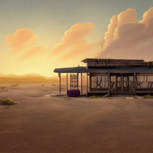 Image similar to abandoned diner in the desert by jon mccoy and georgehull, sunset, cinematic, cinematic lighting, photorealistic, hyperdetailed 3 d matte painting, iridescent, deviantart, trending on artstation, concept art