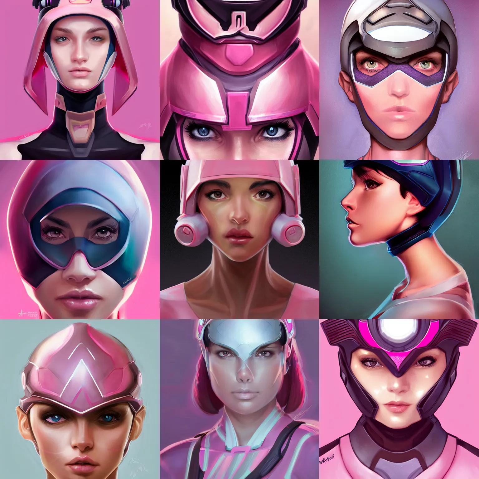 Prompt: symmetrical, head - on character concept portrait, pink visor heroine, digital painting, concept art, smooth, sharp focus, illustration, artgerm