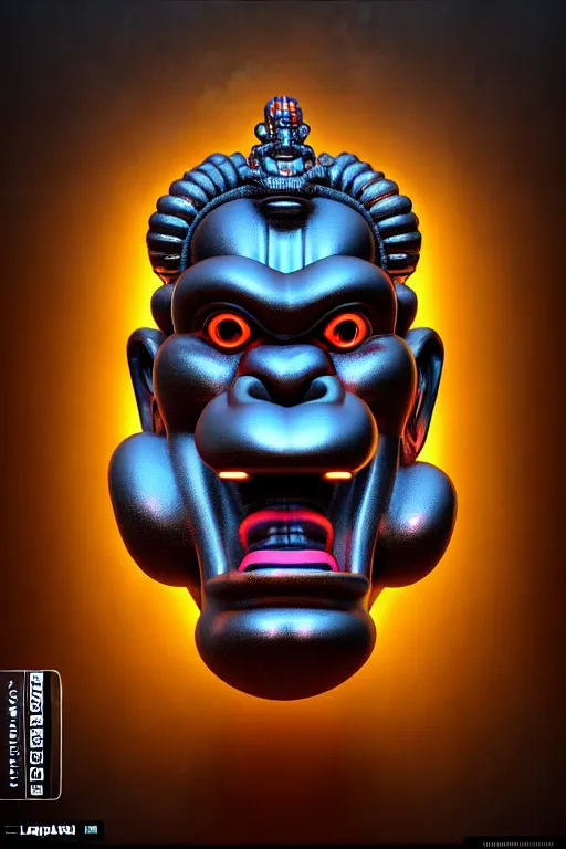 Image similar to high quality 3 d render post - rococo cyberpunk hanuman! head building, neon madhubani, open mouth, highly detailed, in sci - fi new delhi, cinematic smooth unreal engine, lee madgwick & liam wong, dramatic light, low angle, uhd 8 k, sharp focus