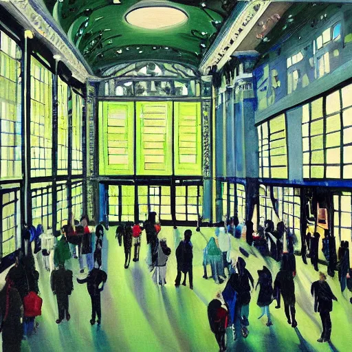 Image similar to A beautiful painting of a large room with many people in it. There is a lot of activity going on, with people talking and moving around. The room is ornately decorated and there is a large window at one end. cyber noir, lime green by Taiyō Matsumoto AWESOME, elegant