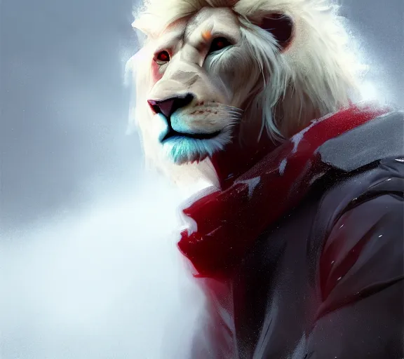 Image similar to commission portrait of a male anthro albino lion wearing a red-black puffer jacket.dramatic,character design by charles bowater,greg rutkowski,ross tran,hyperdetailed,hyperrealistic,4k,deviantart,artstation,professional photography,concept art