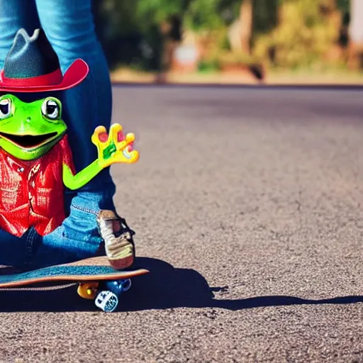 Image similar to a frog wearing a cowboy hat and riding a skateboard