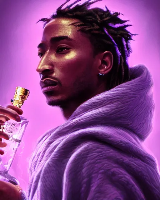 Image similar to future the rapper holding cup of codeine, accurate details, detailed face, purple liquid in cup glowing, fantasy, dramatic, intricate, elegant, highly detailed, digital painting, artstation, concept art, smooth, sharp focus, illustration, art by Gustave Dore, octane render