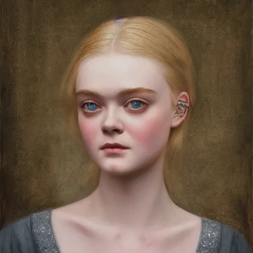 Prompt: professional painting of Elle Fanning in the style of Dino Valls and Craig Mullins, head and shoulders portrait, symmetrical facial features, smooth, sharp focus, illustration, intricate, stormy weather, extremely detailed masterpiece,