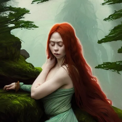 Image similar to wide angle, cloaked woman, sleeping on rock in river, white green brown blue color palette, eyes closed, forest, female, d & d, fantasy, intricate, elegant, highly detailed, long red hair, digital painting, artstation, octane render, concept art, matte, sharp focus, illustration, hearthstone, art by artgerm, alphonse mucha johannes voss