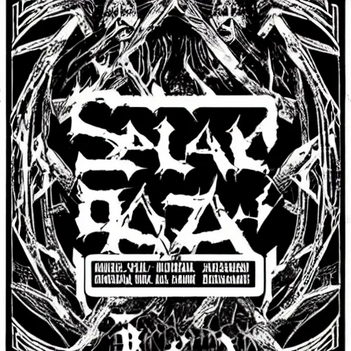 Prompt: black metal concert flyer, black metal logos, unreadable, 3 band lineup, local bar, d. i. y. venue