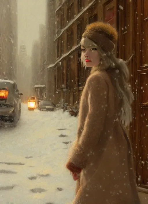 Image similar to emma stone beige coat walking into new york apartment building in winter, close up of wreath on door, snow, artwork by gaston bussiere, craig mullins, trending on artstation