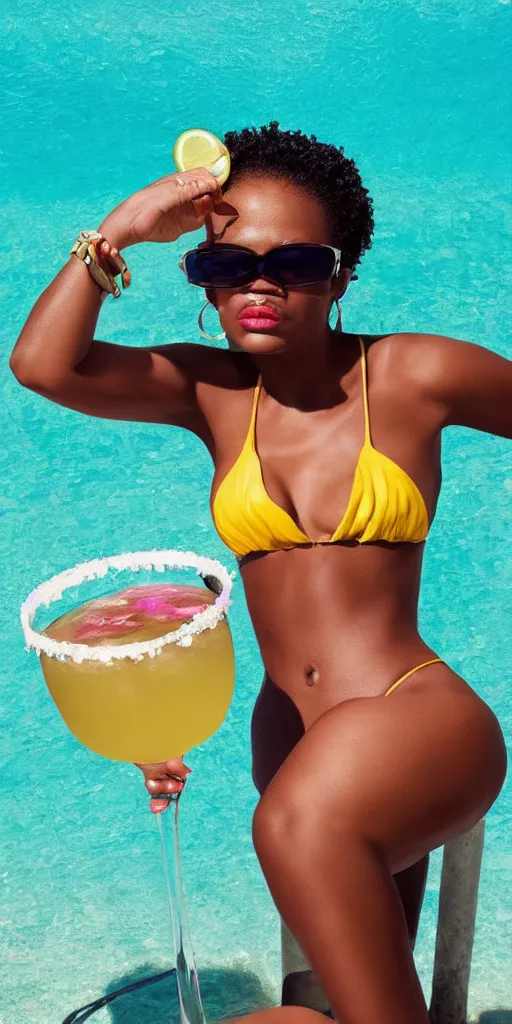 Image similar to a highly detailed beautiful portrait of Black women in the Caribbean wearing aquamarine bikini and shades, full glossy lips, drinking a margarita highly detailed, by RHADS, global illumination, cinematic , hyper-reslistic, depth of field, coherent, high definition, 8k resolution octane renderer, artstation