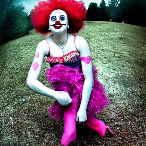 Image similar to female clown photo, wide angle lens, full body, photo by David LaChapelle