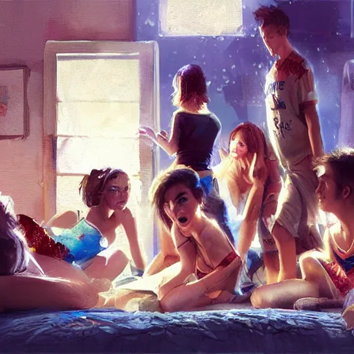 Image similar to teenagers friends making a pajama party, artwork by Craig Mullins,Movie poster, detailed, trending on artstation