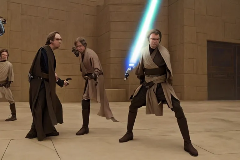 Image similar to a jedi master anakin skywalker is defended in star wars senate by saul goodman also known as jimmy mcgill, star wars revenge of the sith, better call saul, 1 0 8 0 p, court session images