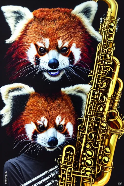 Image similar to a portrait of an anthropomorphic cyberpunk single red panda playing a saxophone by sandra chevrier, by jon foster, detailed render, tape deck, epic composition, cybernetics, 4 k realistic, cryengine, realistic shaded lighting, sharp focus, masterpiece, by enki bilal