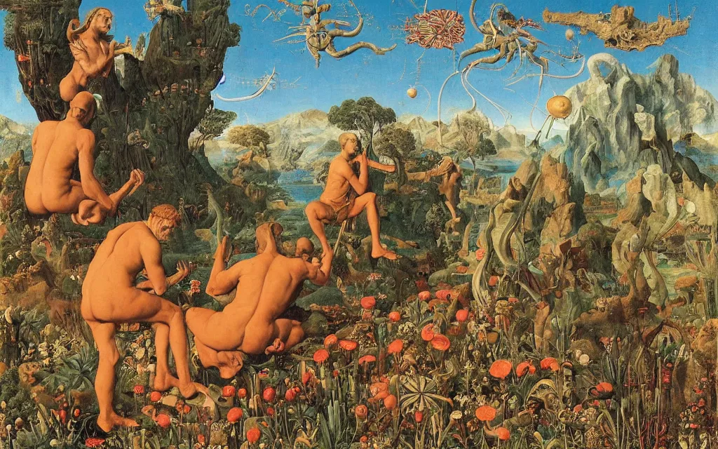 Image similar to a portrait photograph of a meditating satyr and a centaur monk riding a rocket machine and hunting at a river delta. surrounded by bulbous flowers and trees. mountain range under a blue sky of fiery stars. by jan van eyck, max ernst, ernst haeckel, ernst fuchs and artgerm, cgsociety, fashion editorial, 8 k