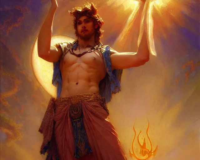 Image similar to attractive pagan male deity, summoning handsome lucifer morning star. highly detailed painting by gaston bussiere, craig mullins, j. c. leyendecker 8 k