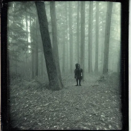 Image similar to old polaroid photo of a zombie in a forest, very dark vibes, fog,