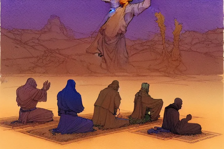 Image similar to a hyperrealist watercolour character concept art portrait of a group of middle eastern men kneeling down in prayer in front of a giant red haired android on a misty night in the desert. by rebecca guay, michael kaluta, charles vess and jean moebius giraud