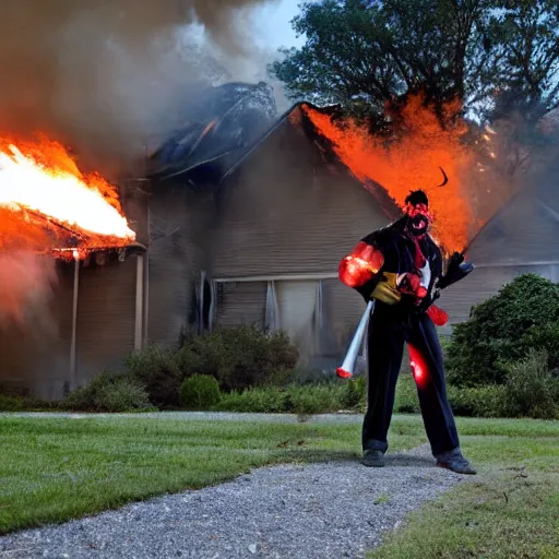 Prompt: photo of a clown using a flamethrower projecting a long bright flame towards a house fire