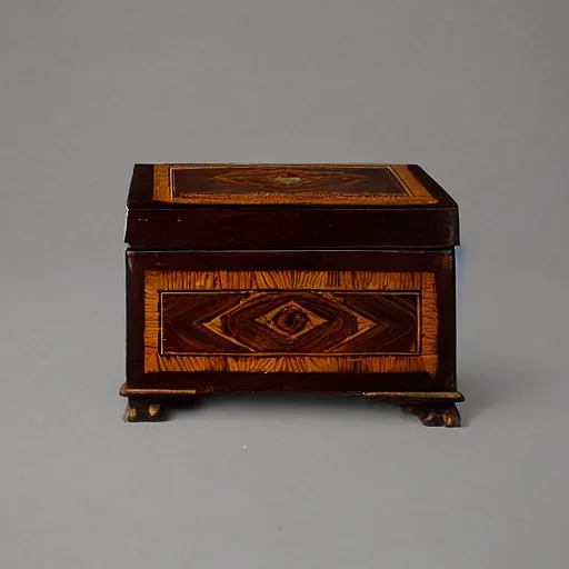 Prompt: edwardian photograph of a fine vizagapatam rosewood and ivory-inlaid workbox, south india, made in 1650, beautiful, ornate, very grainy, slightly blurry, 1900s, 1910s