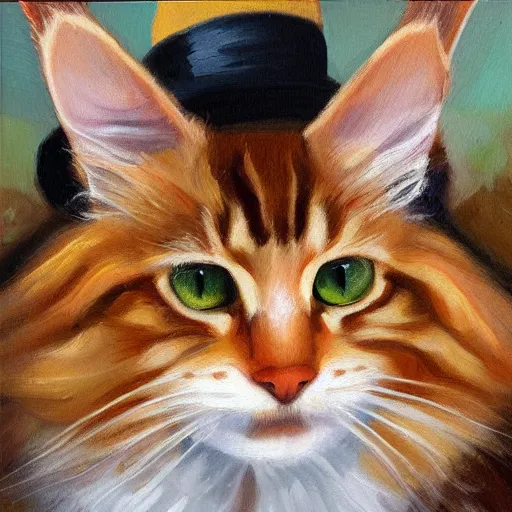 Prompt: Portrait Oil Painting Thick-Strokes of a photogenic ginger Maine-Coon wearing a sombrero sombrero sombrero