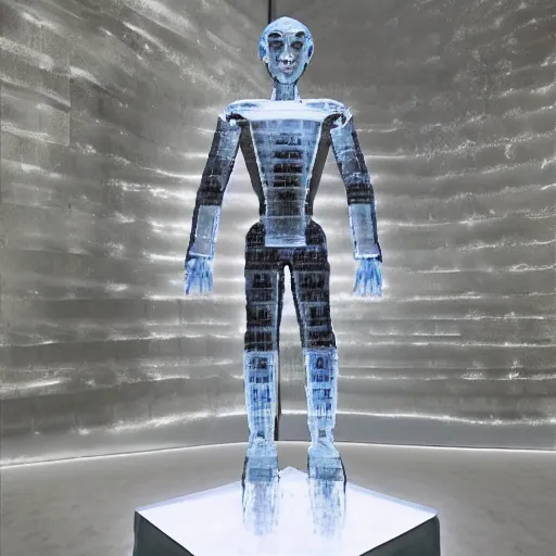 Image similar to made of ice, a realistic detailed photo of a guy who is an attractive humanoid who is half robot and half humanoid, who is a male android, on display, blank stare, showing off his muscles, shiny skin, posing like a statue, by the pool, frozen ice statue, twitch streamer / gamer ludwig, humanoid robot