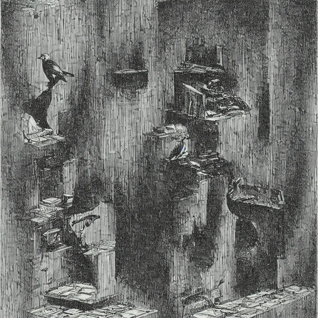 Prompt: An engraving by Max Ernst of a bird's head reading a book in a datacenter lolop, 1929