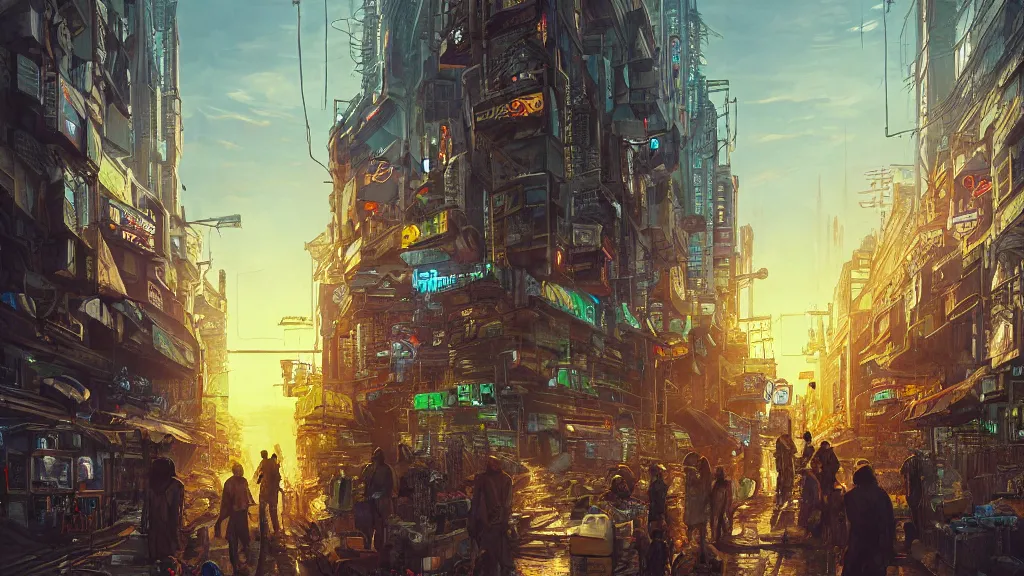 Prompt: Cyberpunk city, street vendors, citizens, augmented cyborgs, robots, skyscapers, buildings, detailled person in font, clouds, sunset, painted by seb mckinnon, street-level, high detail, digital art, trending on artstation