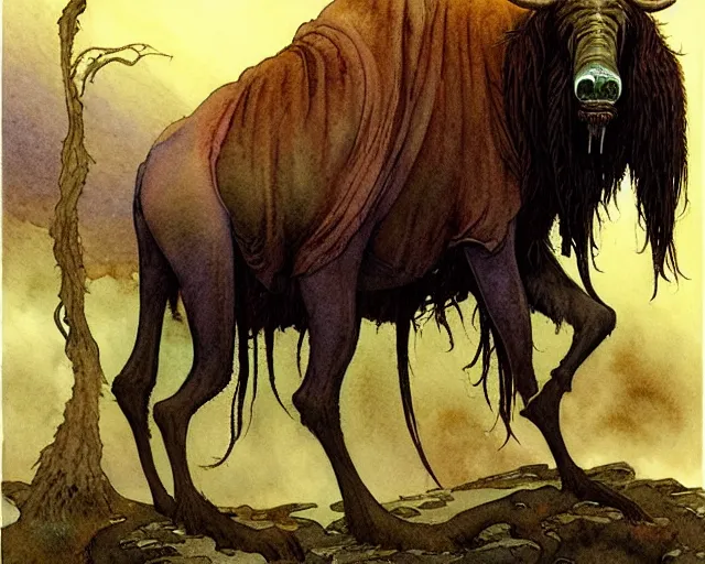 Prompt: a realistic and atmospheric watercolour fantasy character concept art portrait of a 4 0 ft. tall lovecraftian wildebeest wearing a robe and emerging from the mist on the moors of ireland at night. by rebecca guay, michael kaluta, charles vess and jean moebius giraud