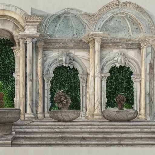 Image similar to delicate marble garden on paper, stony, puffy, botanical herbarium, botanic watercolors, iridescent, 8 k wide angle, realistic shaded, fine details, artstation, italian, colonnade, oak tree, pinecone, pomegranade, hydrangea, vines, gardena architecture, pompeii