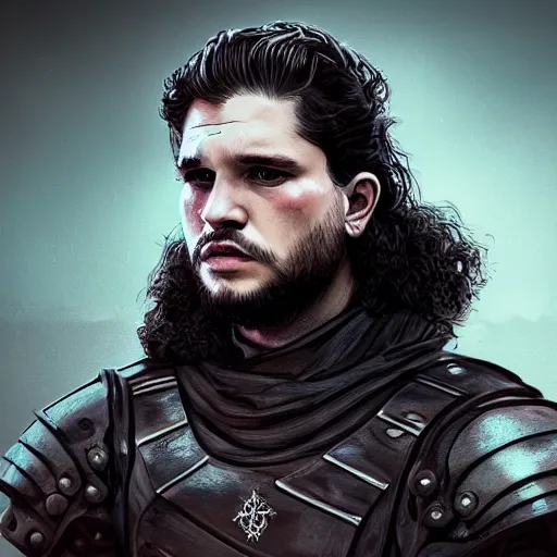 Image similar to kit harington portrait, dystopia core, apocalyptic, armor, warrior, dramatic, sharp focus, fiction, neon, fantasy, hyper detailed, digital art, trending in artstation, cinematic lighting, studio quality, smooth render, unreal engine 5 rendered, octane rendered, art style and nixeu and wlop and krenz cushart