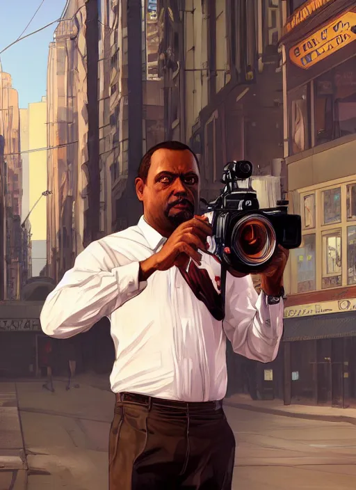 Image similar to portrait of Lester from GTA V as a stree photographer, full length shot, shining, 8k highly detailed, sharp focus, illustration, art by artgerm, mucha, bouguereau