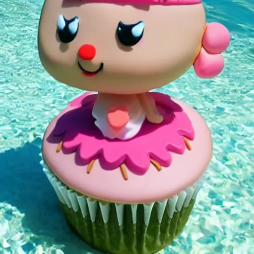 Image similar to a kawai cupcake character wearing a speedo about to dive in a swimming pool