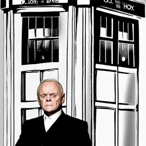 Prompt: anthony hopkins as doctor who in front of tardis, directed by christopher nolan, 2 0 0 9
