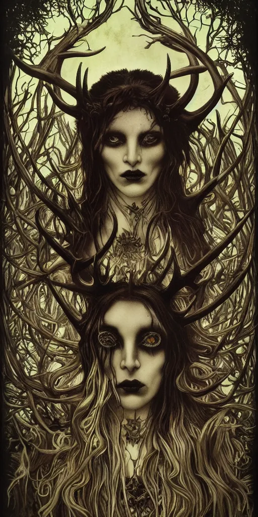 Prompt: intense bioluminescent black metal pagan god with antlers and fangs and intense glowing eyes with a bull skull in very dark forest by mark ryden and alphonse mucha, portrait, fantasy, clear, light beams, lens flare, intense, uhd, amazing depth, cinematic lighting