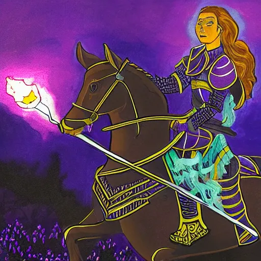 Image similar to female knight riding a horse, holding a violet torch that lights up the dark forest during the night painting