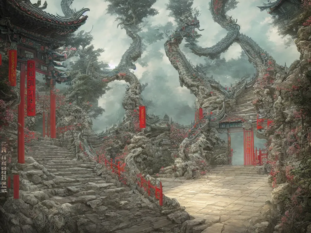 Image similar to tang dynasty shinto gate at the top of many stone steps, a chinese dragon flies behind by peter mohrbacher and dan mumford and nekro, cgsociety, volumetric light, 3 d render