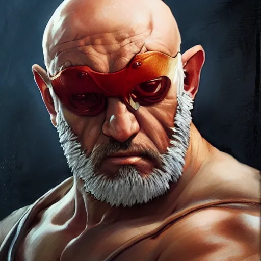 Image similar to mike ehrmantraut as sagat street fighter, wearing eye patch, 4 k, ultra realistic, detailed focused art by artgerm and greg rutkowski and alphonse mucha