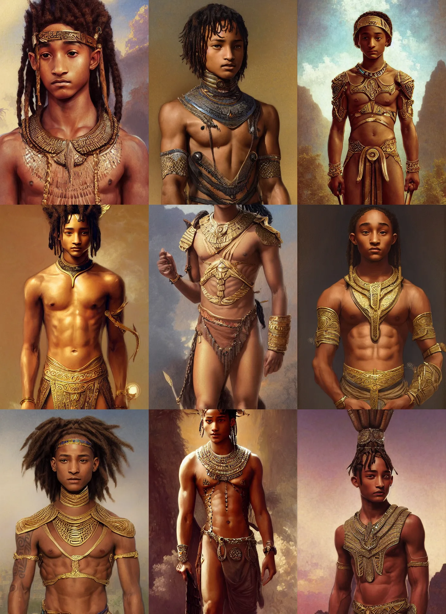 Prompt: young jaden smith as ancient libu, cornrows, egyptian chestplate, intricate, elegant, highly detailed, digital painting, artstation, concept art, smooth, sharp focus, illustration, orientalism, bouguereau, rutkowski, mucha