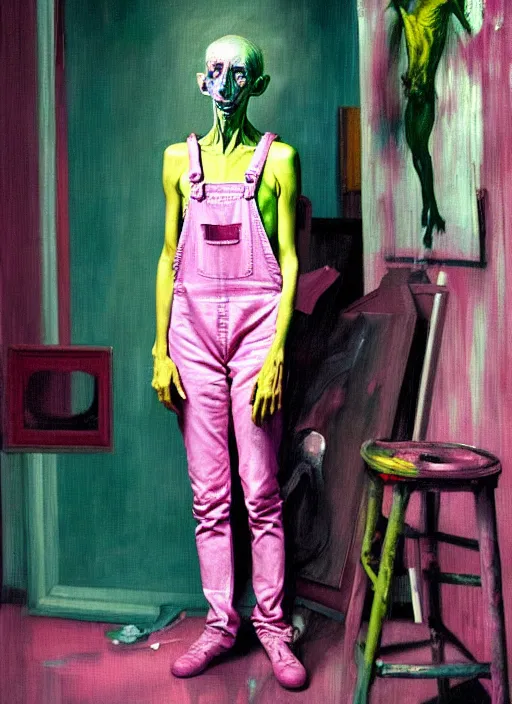 Image similar to an insane, skinny, artist wearing overalls, expressive painting the walls inside a grand messy studio, hauntingly surreal, highly detailed painting by francis bacon, edward hopper, adrian ghenie, gerhard richter, and james jean, soft light 4 k in pink, green and blue colour palette, cinematic composition,