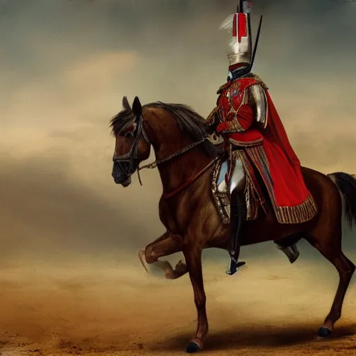 Prompt: portrait of hussar on horse, shot from The Duellists movie, 4k resolution, detailed, concept art