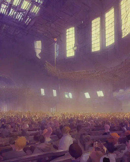 Prompt: craig mullins and ghibli digital matte art of a crowd in a futuristic church, strong lines, priest, pews, inviting, unreal engine, hyper realism, realistic shading, cinematic composition, realistic render, octane render, detailed textures, photorealistic, wide shot