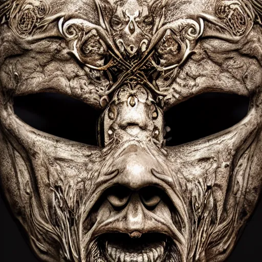 Prompt: horror mask, overhead photography, professional photography, photorealistic, intricate, detailed, intricately detailed, trending on artstation, 4 k, 8 k