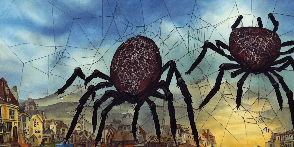 Image similar to painting of a giant spider walking in a village, surreal