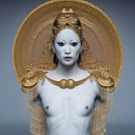 Prompt: a statue made of white marble with gold veins, of an beautiful japanese bellydancer, perfect symmetrical body, perfect symmetrical face, no eyes, hyper realistic, hyper detailed, fujicolor superia 1 6 0 0 photo, full body shot, by peter kemp, by monia merlo octane render, blender, 8 k