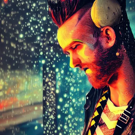 Prompt: splashes of neon clouds, mowhawk, suspenders, punk portrait made out of paint with rain in the background, trending on artstation, epic composition, emotional, beautiful, rendered in octane, highly detailed, realistic, comic book art, sharp focus, matte painting, unreal engine