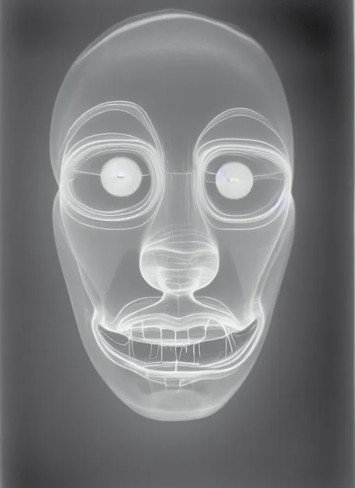 Image similar to realistic object photo of a face made pure transparent plastic white, bokeh, grain, man ray, x - ray, electronic microscope, front view, symmetric 1 9 9 0, life magazine photo