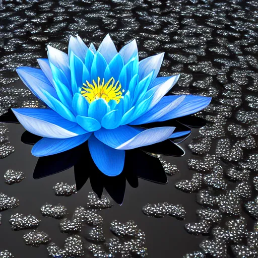 Image similar to Water lily made of blue and white fairy lights, floating on the water with reflection underneath, beautiful image, dark background, octane render 8k