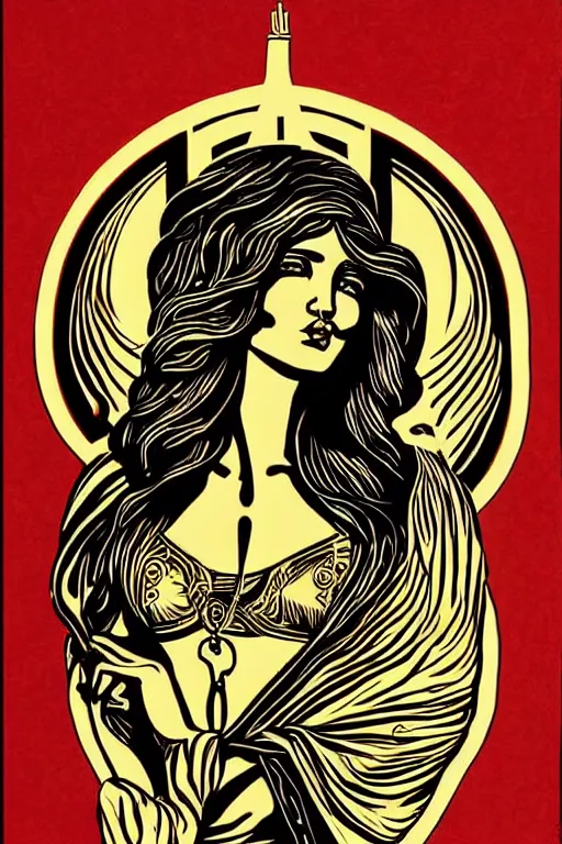 Image similar to Shepard Fairey poster of a Greek Goddess posed in profile, she has beautiful bone structure and long hair. Eyes closed. highly detailed, ornate, Art Deco