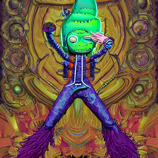 Image similar to Pickle Rick fantasy, fantasy magic, intricate, sharp focus, illustration, highly detailed, digital painting, concept art, jahbu art and Paul lewin and kehinde wiley, masterpiece