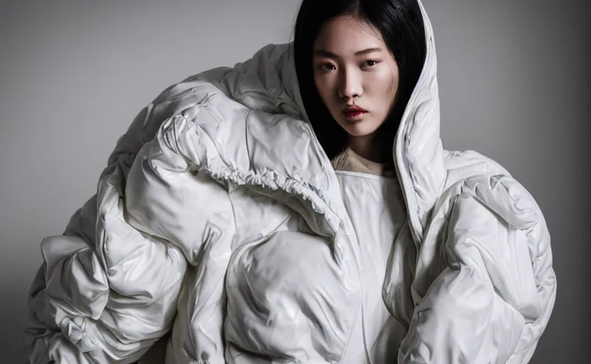 Image similar to well lit fashion shoot portrait of extremely beautiful female marble statue wearing huge over size puffer jacket by dingyun zhang, yeezy, balenciaga, vetements, a cold wall, sharp focus, clear, detailed,, cinematic, detailed, off white, glamourous, symmetrical, vogue, editorial, fashion, magazine shoot, glossy